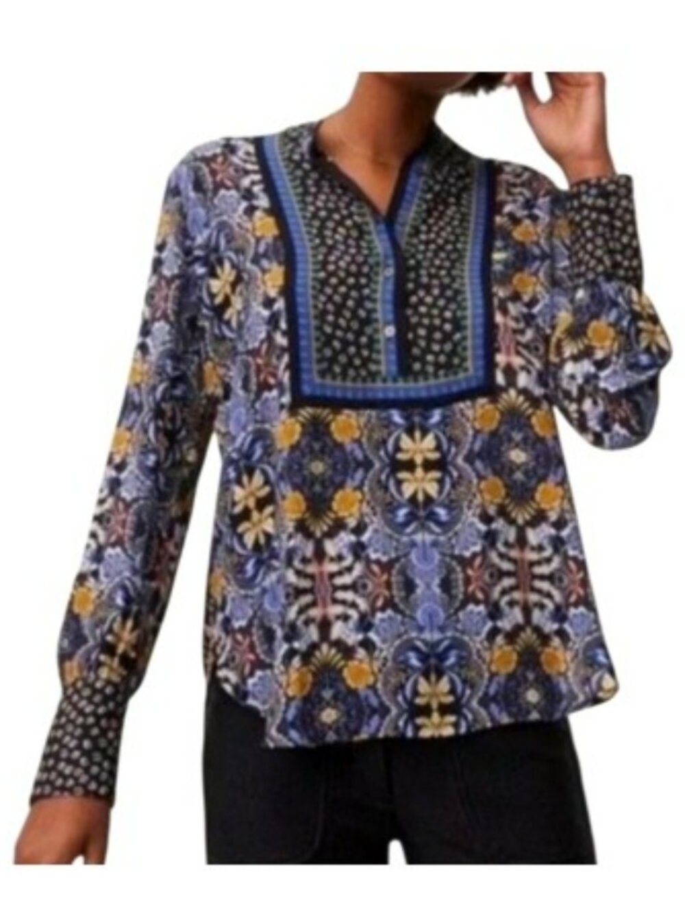 Loft Women's Blouse Size XS Blue Yellow Floral Long Sleeves Henley Top Relaxed